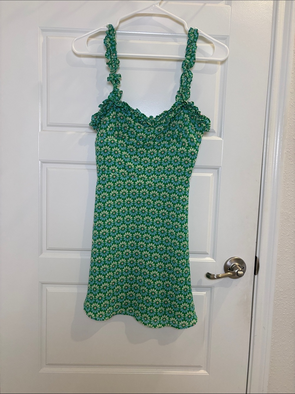 Zara Green Floral Daisy Print Mini Dress Ruffle Strap Smocked XS